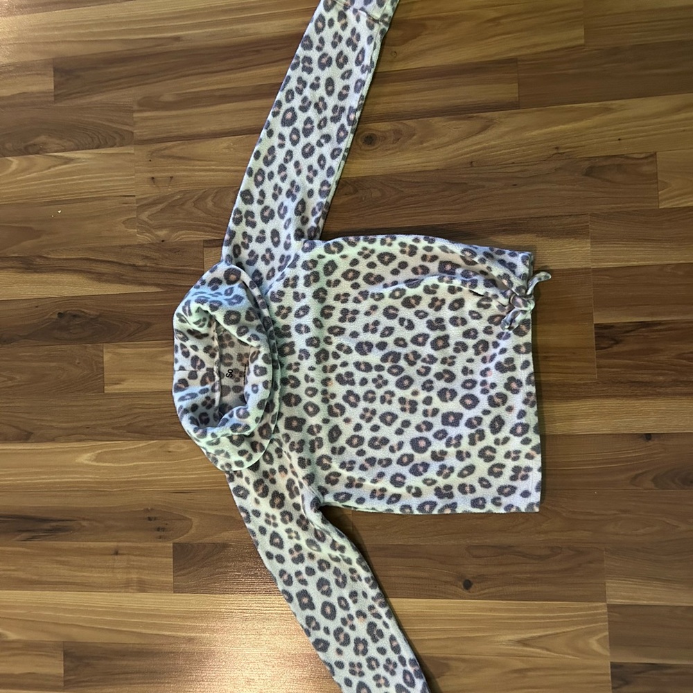 Leopard print cowl neck fleece pullover